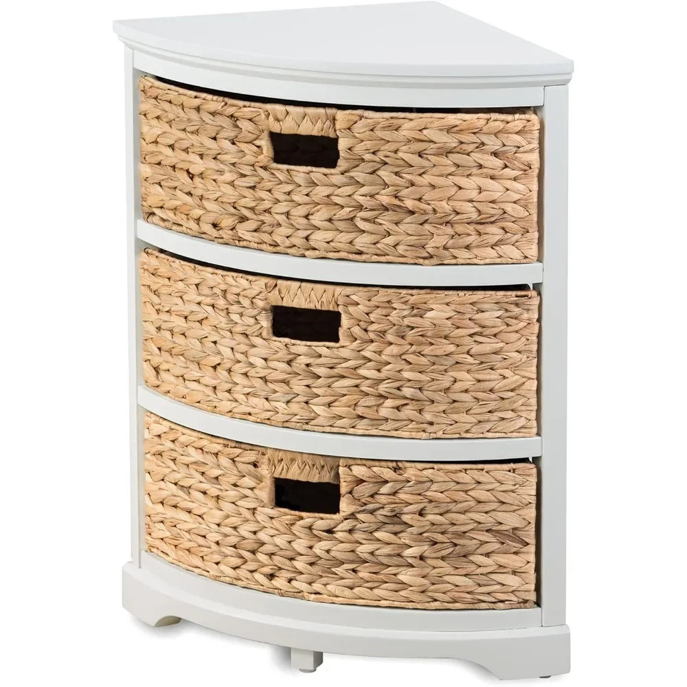 Hampton Meadows 3 Tier X-Side Corner Table Storage Cabinet with 3 Wicker Baskets, White