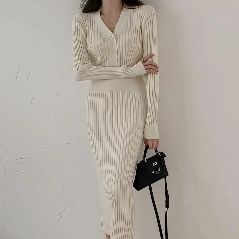 Autumn Winter Knitting Sweater Dress Women 2024 New Fashion Loose The Waist Button Pure Colour V-Neck Dresss Female