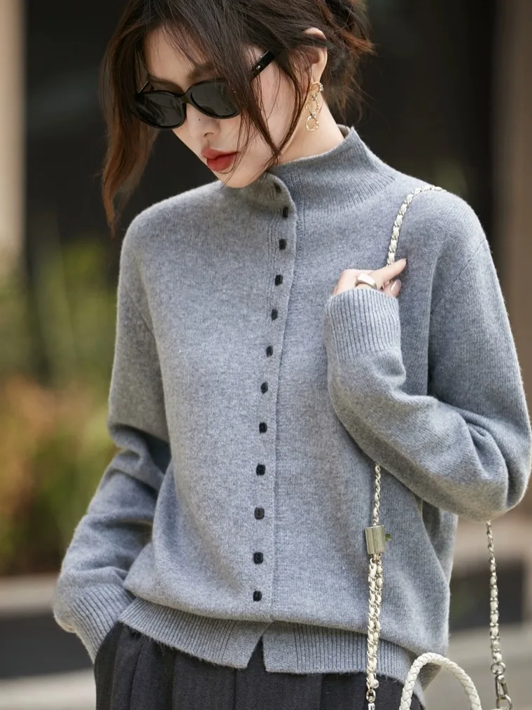 

High-End Women's Knitted Sweater Coat with Buttons f High Collar Old Money Sle French Sle Soft Wool Blend Long Sve