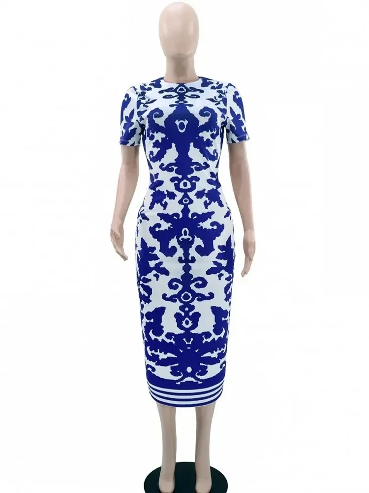 

African Dresses for Women Summer Autumn Africa Clothing Short Sleeve Long Maxi Dress Sexy O-Neck Slim Dress Office Lady Party