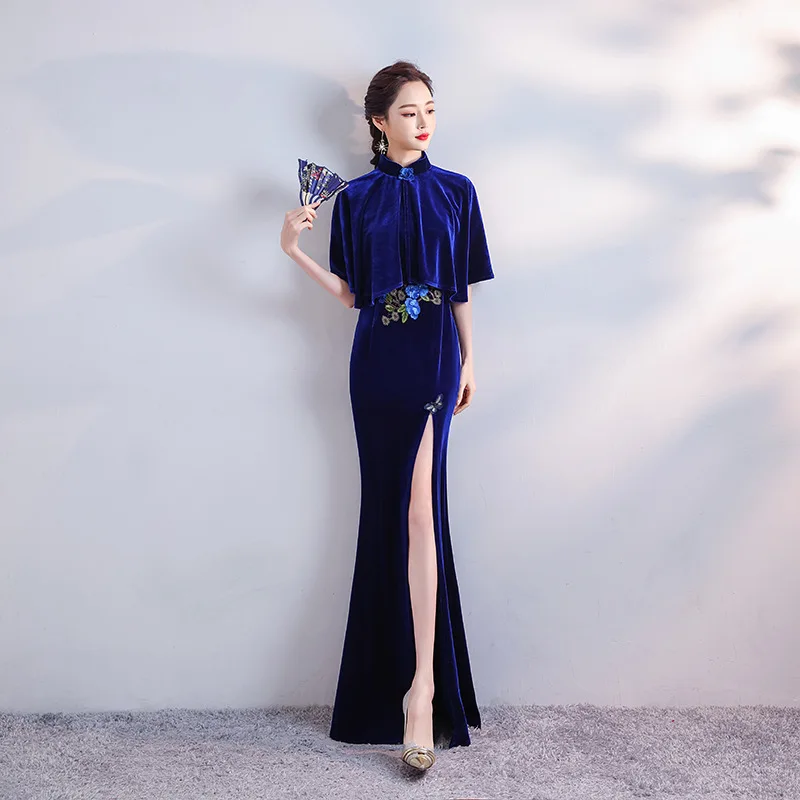 

Long Velvet Fashion Runway Qipao Performance Dress For Women With Slim Fit And Improved Fishtail Chinese Style Dress Cheongsam