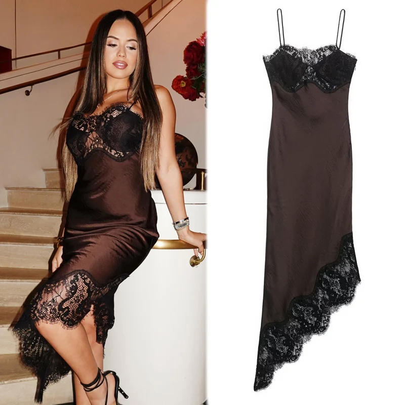 Abito da donna Abito a canotta in raso marrone con finiture in pizzo nero Abiti da festa eleganti senza schienale Abiti da sera sexy con orlo asimmetrico