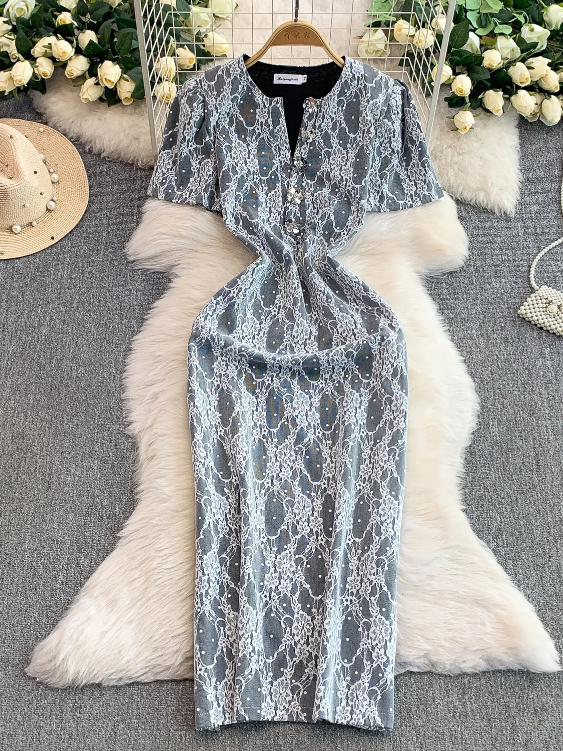 Sexy v-ne bulle Sve longue Dr femmes été lourd broderie dentelle jupe moulante taille haute paillettes scintillantes trajet Sle