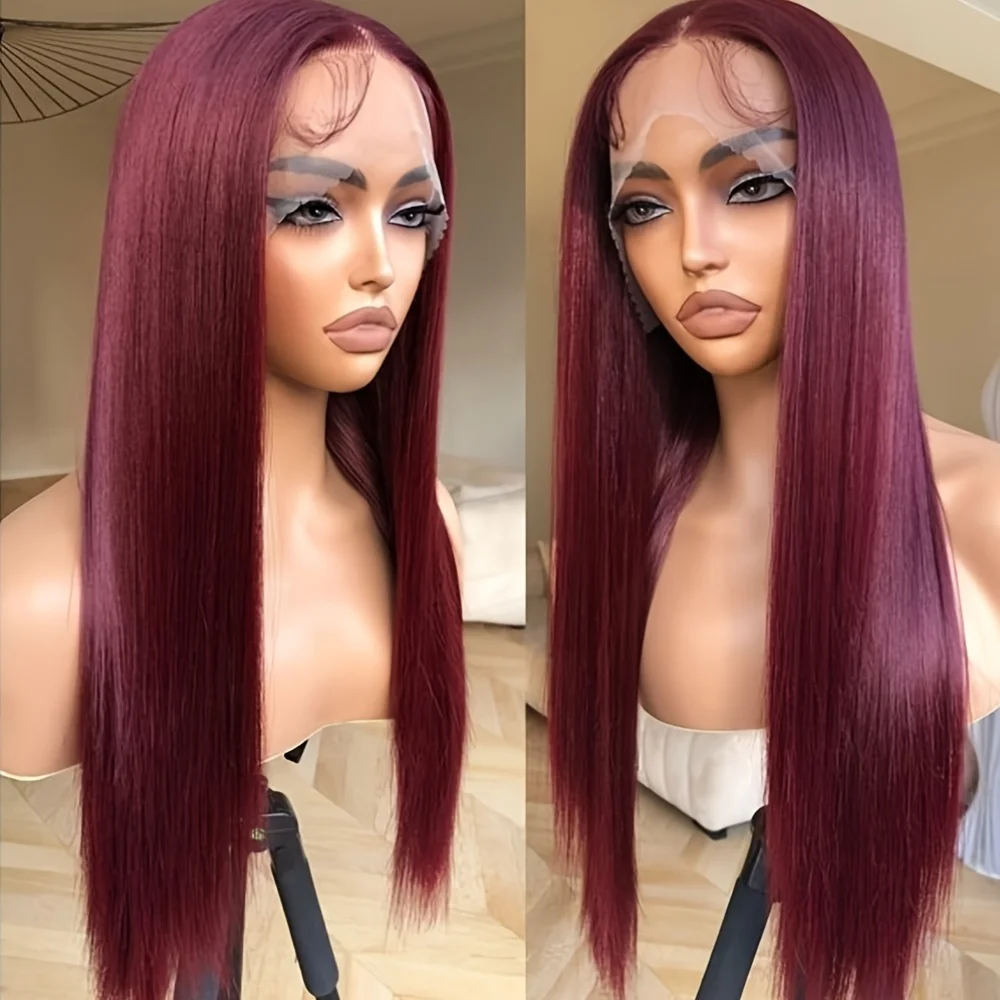 

Wine Red 99j Straight 180Density Long 26Inch Heat-Resistant Glueless Deep Lace Front Wig For Women With Baby Hair Preplucked