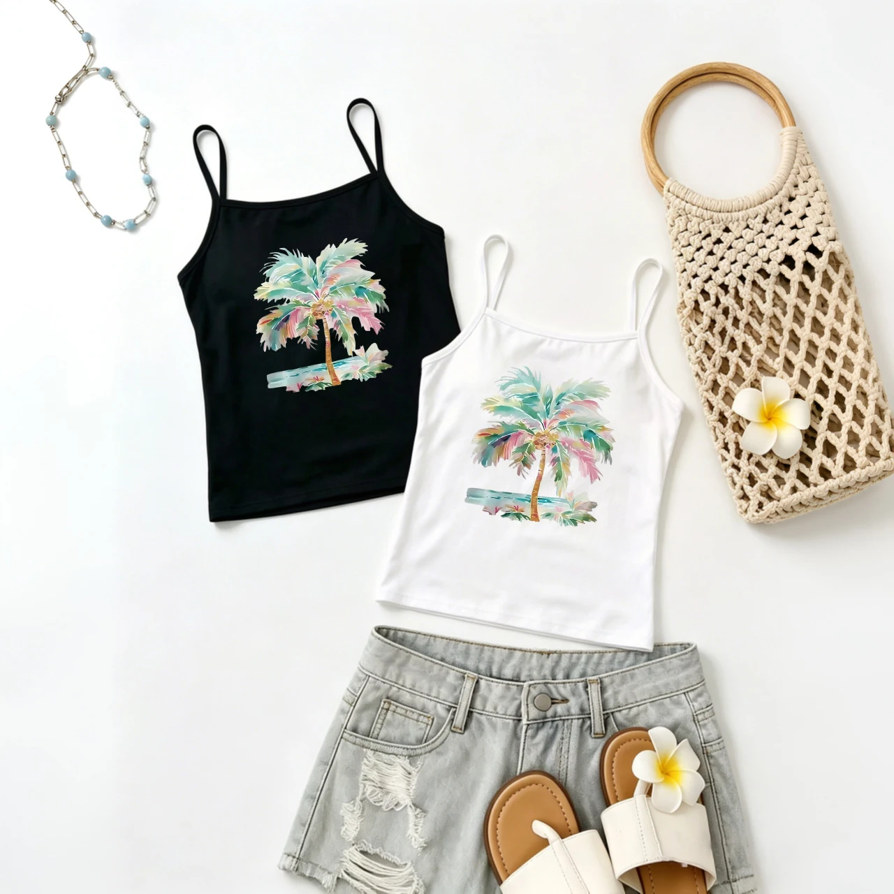 Palm Tree Beach Camisole Women Tropical Cruise Island Travel Wear Sunbathing Coastal Seaside Walk Holiday Outwear Clothing
