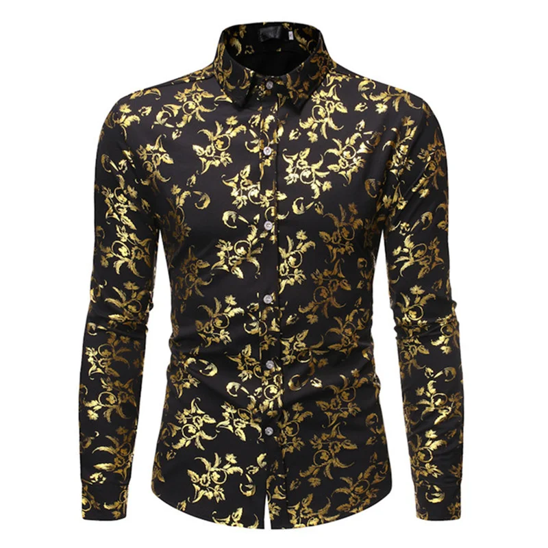 Long Sleeve Hawaiian Shirts Golden Floral Shirts Men Fashion Shirt Casual Beach Blouse Bussiness Camisa Men's Clothing Button Up