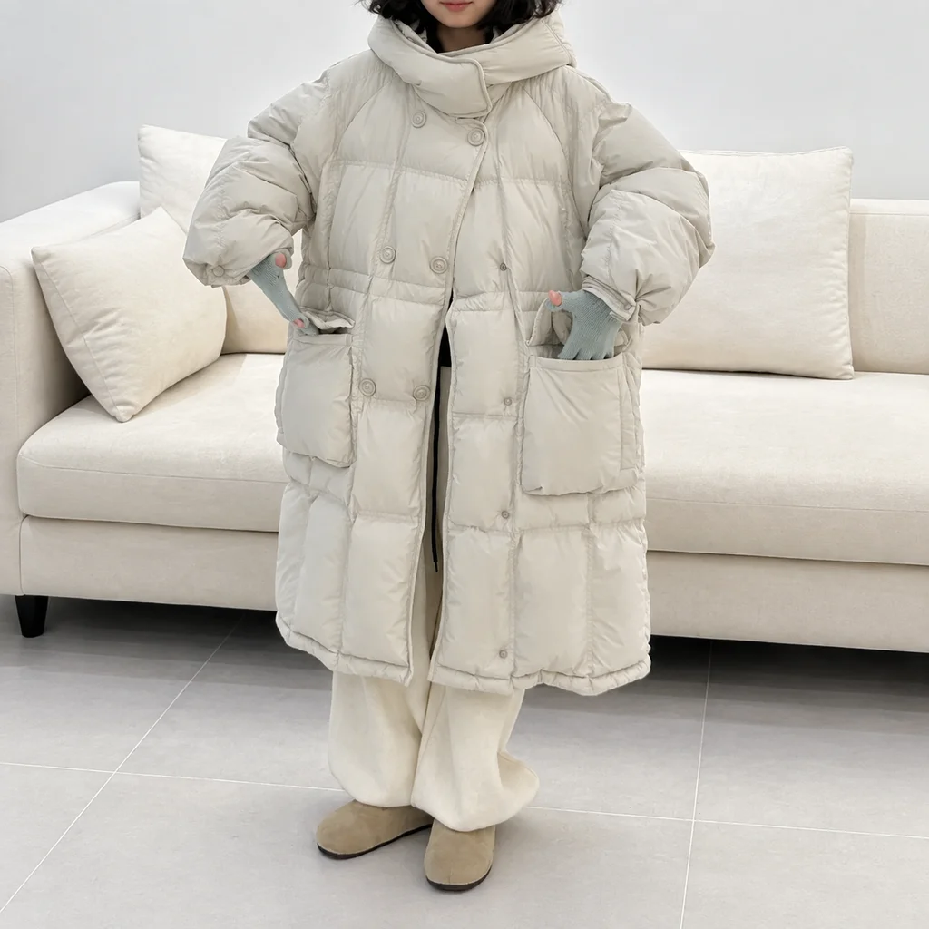 Girls Korean Style Long Hooded Polyester Wadding Coat Winter Oversized Warm Padded Jacket Loose Parka Outerwear Big Pockets