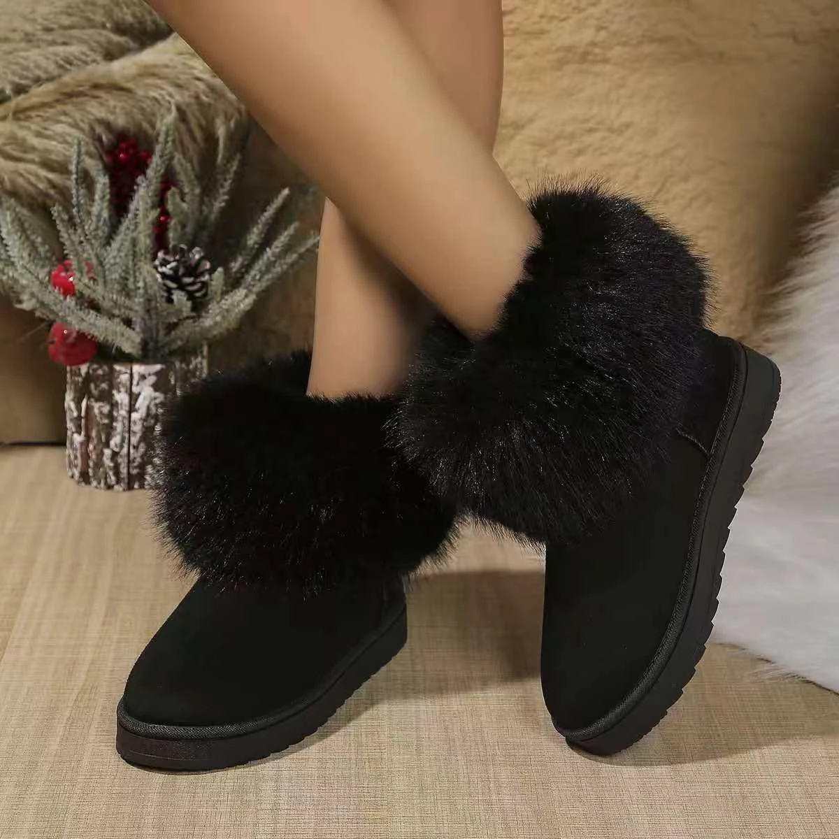 Women Boots New Winter Platform Shoes Thickened Fluff Women\'s Snow Boots Comfortable Outdoor Warm Shoes Women Plush Flats Boots