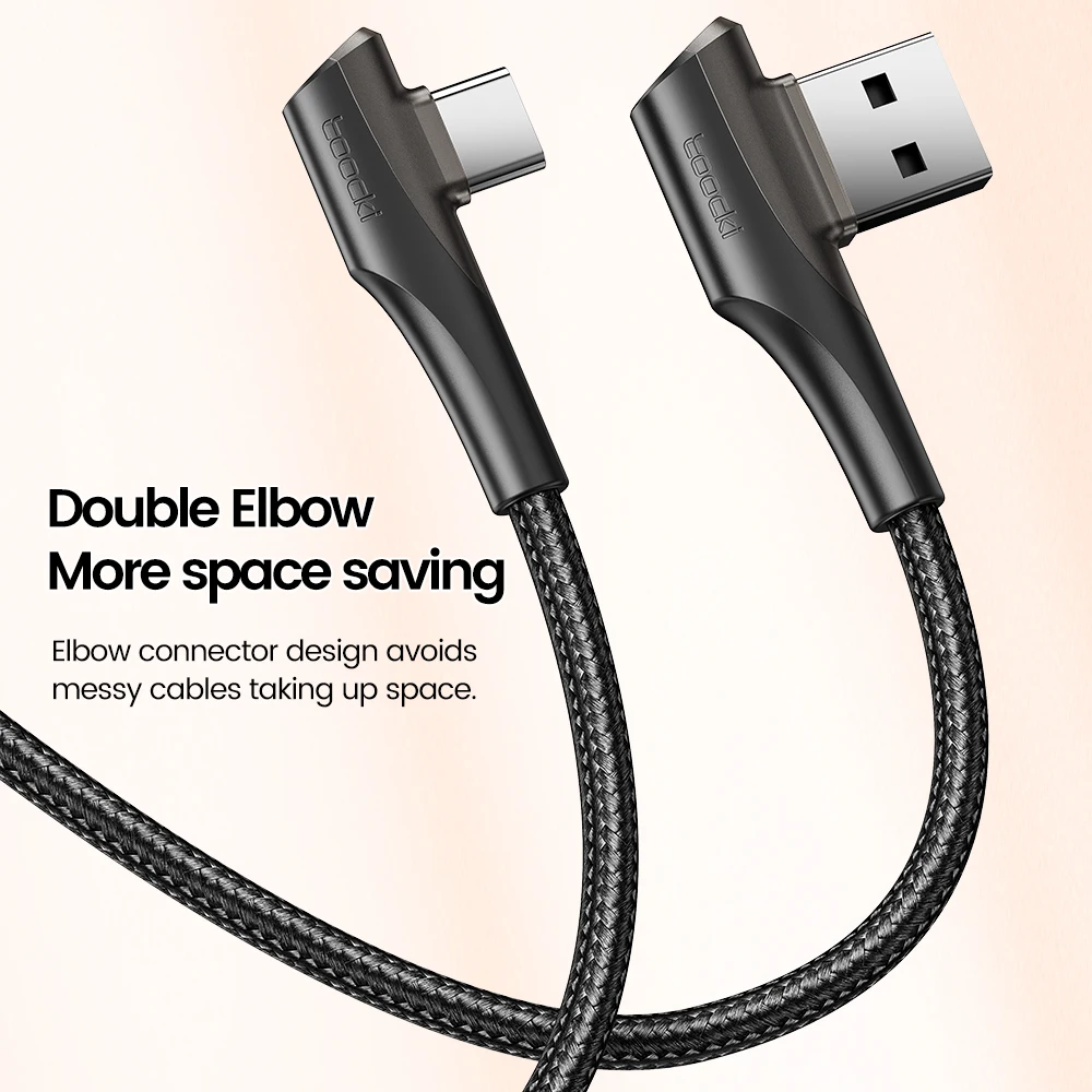 Toocki 3A USB Cable QC 3.0 Type C Fast Charging Cable 90 Degree Dual Elbow Data Cord For Huawei Xiaomi 12 13 Samsung S23 Realme