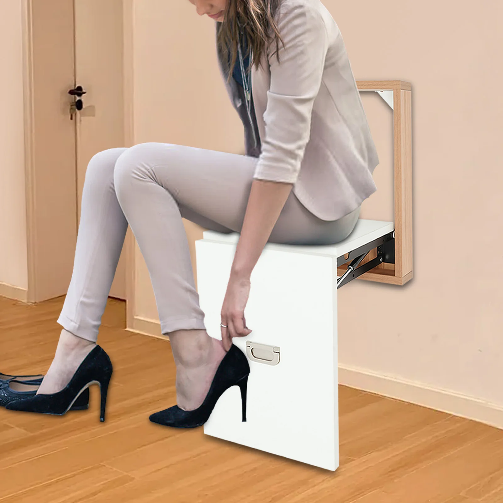 

Wall Mounted Folding Chair Solid Step Stool, Entryway Shoe Bench Shoe Stool, Load Capacity 330lbs (White Stool + Walnut Frame)