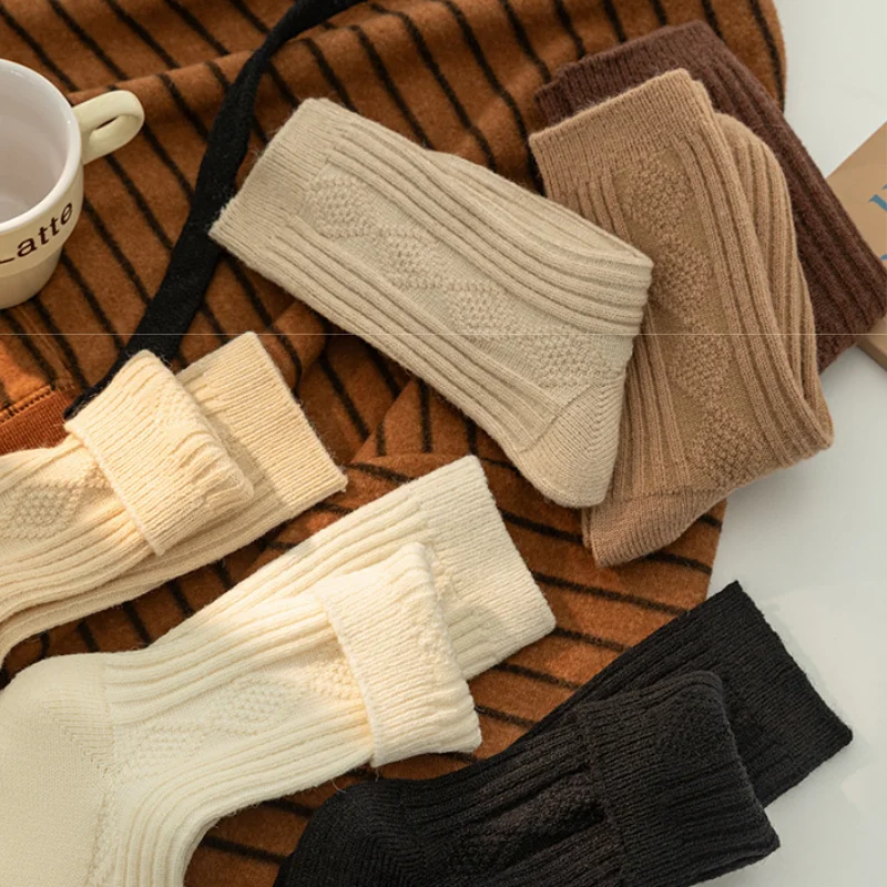 1 3 5 6 Pasang Kaos Kaki Wanita Campuran Wol Musim Gugur Musim Dingin Termal Motif Argyle Model Slouch Setengah Betis Bulu Halus Gaya Marled EU 35-42