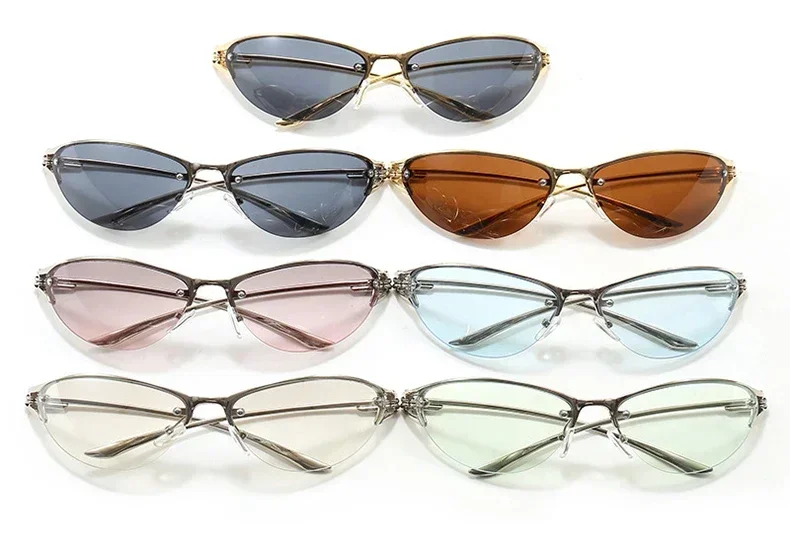 Neue silberne Y2K Metall-Cat-Eye-Sonnenbrille für Damen, modische Halbrahmen-Sonnenbrille mit klaren, getönten Gläsern, UV400, trendige Sonnenbrille für Herren, UV400 – Detail 4