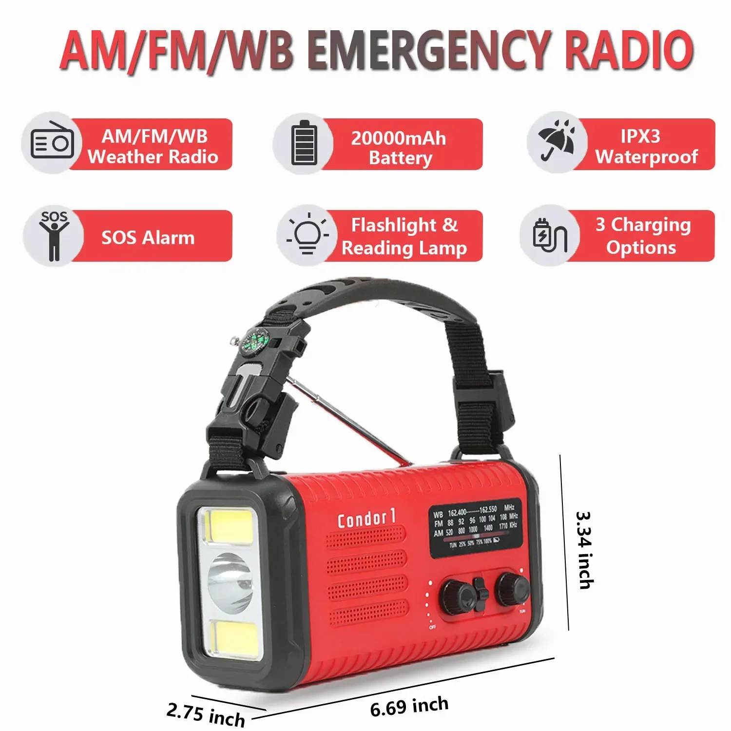 YYHC High Quality Outdoor 20000mah Portable Emergency Radio Flashlight Hand Crank Solar Charge Weather Radio