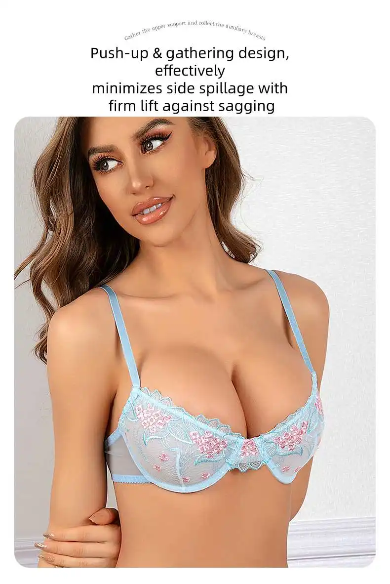 

European and American Style Sexy Sheer Blue Lingerie Set, Featuring Lace Embroidery and Mesh Fabric, Includes a Sexy Thin Bra