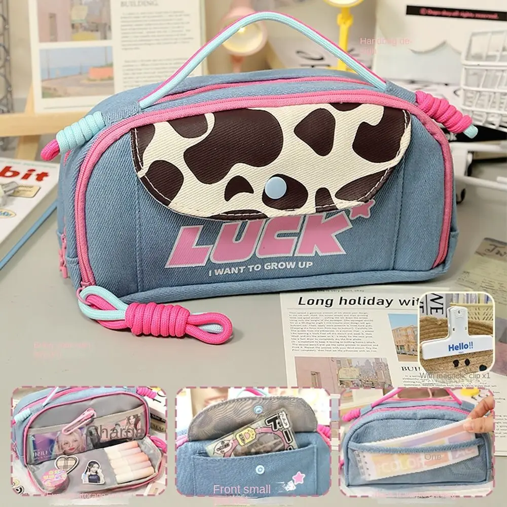 Y2K Style Pencil Case Cowboy Large Capacity Pen Bag with Strap Multi-functional Stationery Storage Pouch Office School Supplies