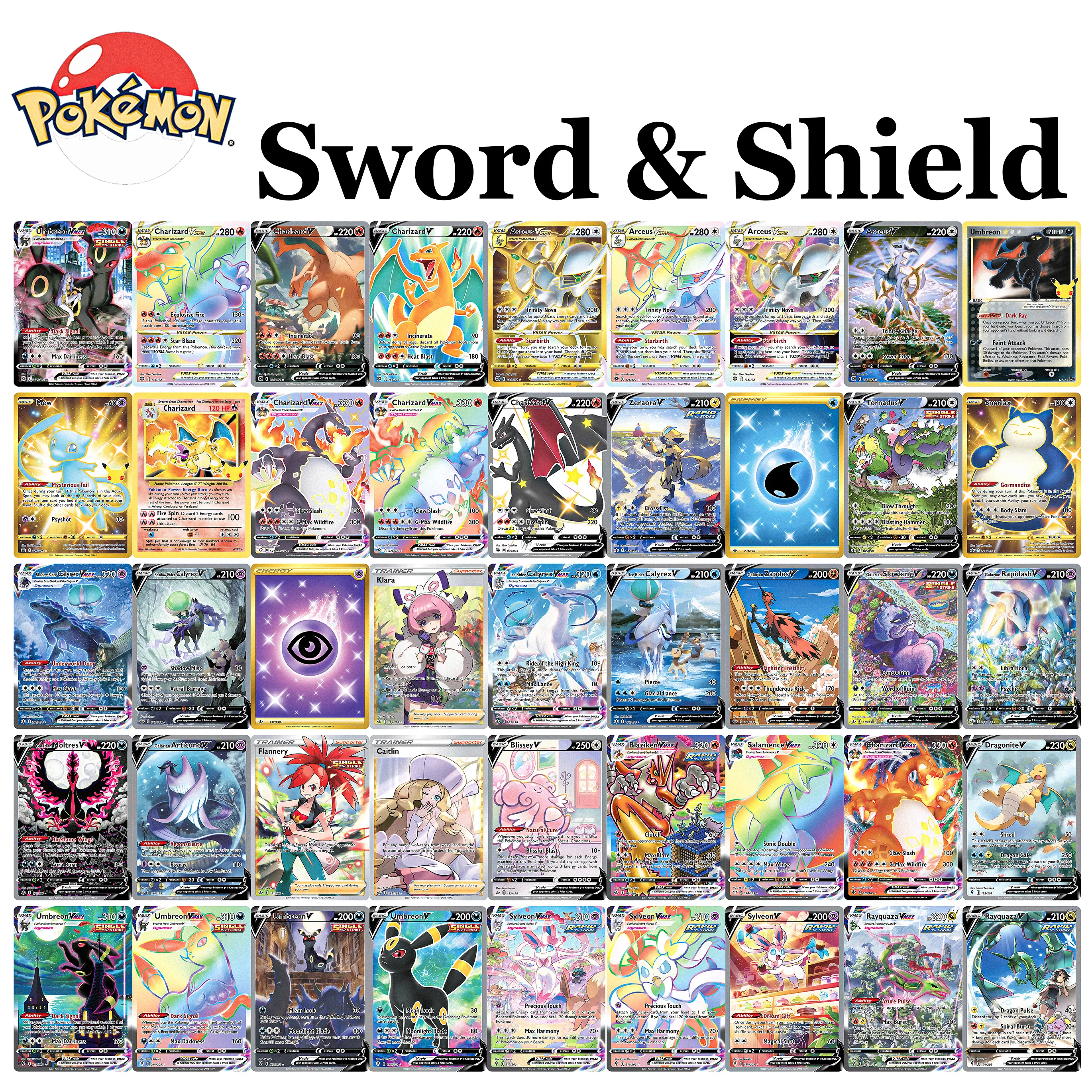 Ensembles d'épée et de bouclier de carte PKM, carte de Collection holographique proxy, étoiles brillantes, évolant des ciels, jeu de commerce de collection Pokemon