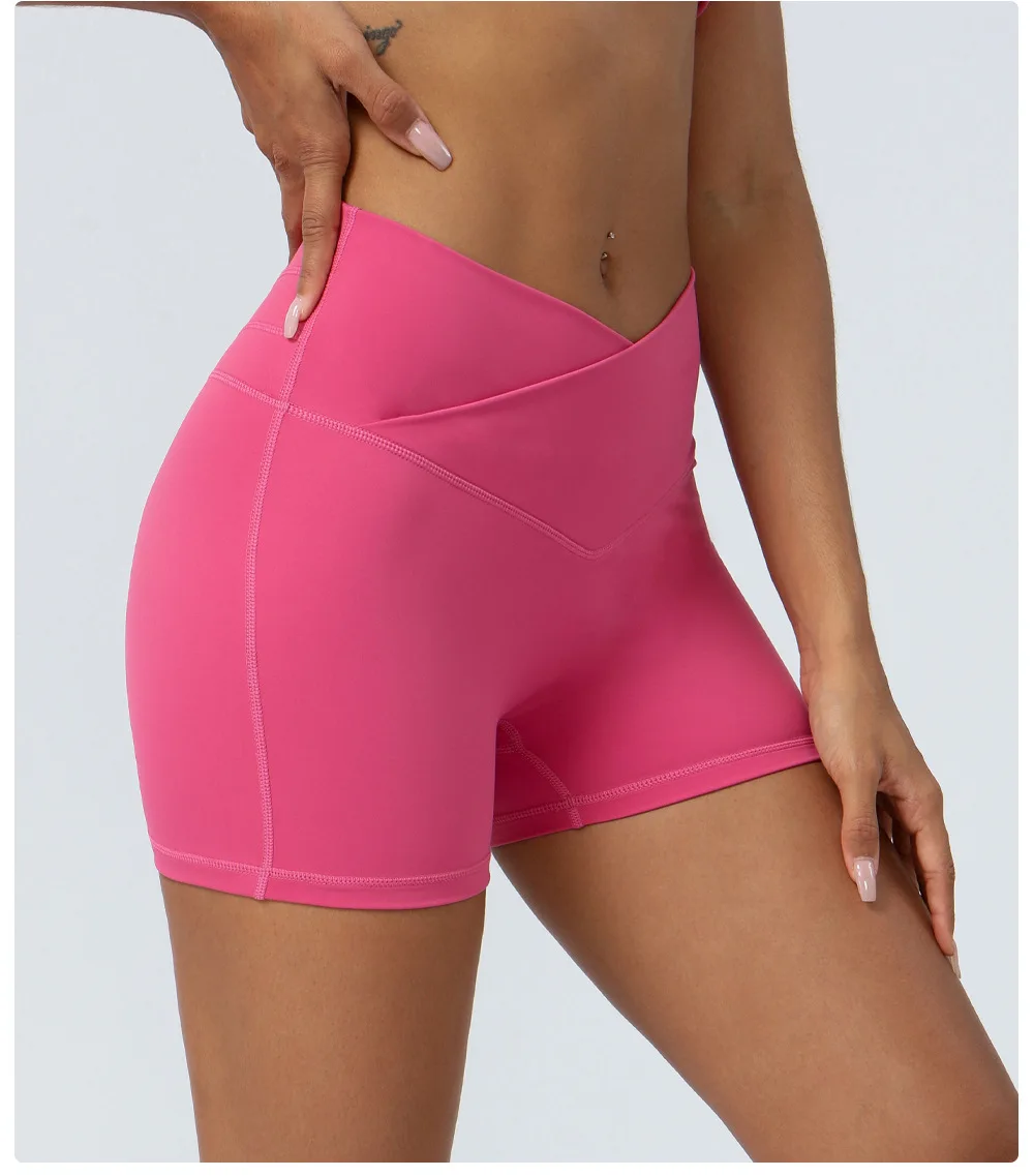 Pantalones cortos de Yoga con cintura cruzada en V para mujer, pantalones cortos elásticos para gimnasio, pantalones cortos de entrenamiento con realce, pantalones cortos deportivos para ciclismo