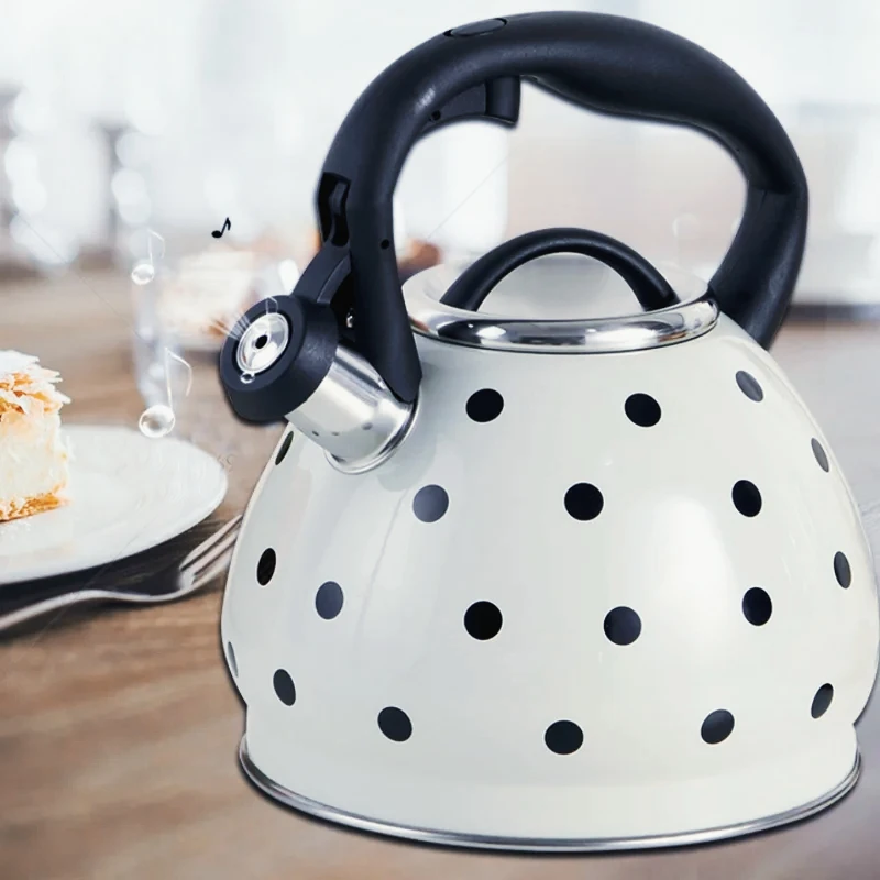 Large 3L Polka Dot Stainless Steel Whistling Kettle Compatible with Electric and Gas Stoves Boil Alert Feature