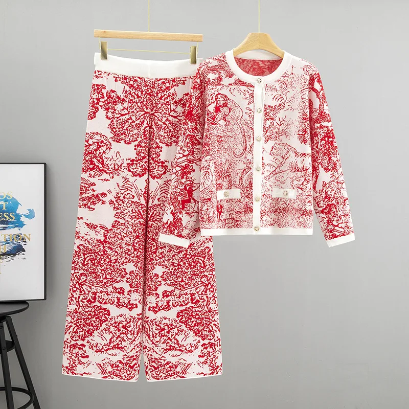 Temperament Jacquard Landscape Painting Fashion Knitted Set Women's Autumn/Winter New Cardigan Sweater Two-piece Set