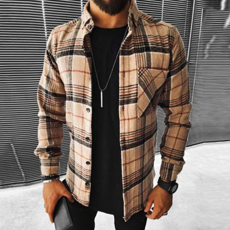 Business Casual Plaid Print Wool Shirt Jacket Men 2023 Spring Single Breasted Lapel Top Autumn Pocket Patchwork T-shirt Cardigan