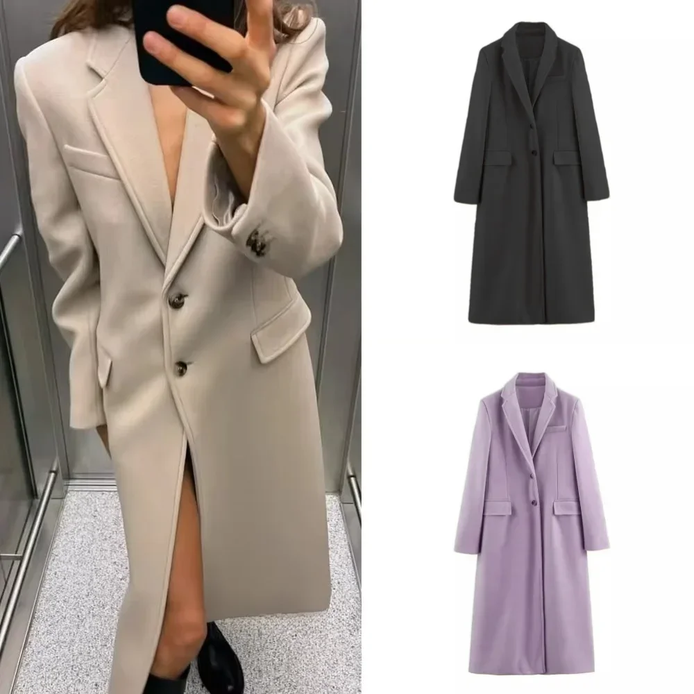 

2024 Autumn Winter Women Casual Long Coats Fashion Streetwear Solid Turn Down Collar Single Breasted Elegant Long Jackets