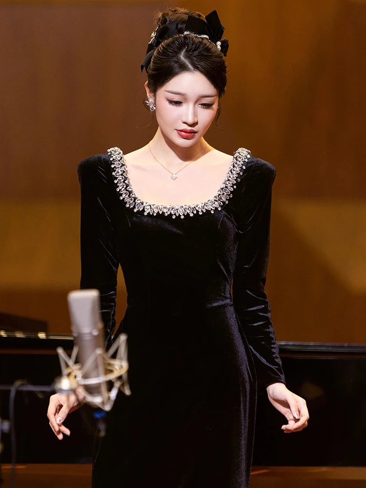 

Velvet Evening Gown Long Sve High End Luxury Performance Dr Elegance Host Yearly Meeting Fi Tail Skirt Bla