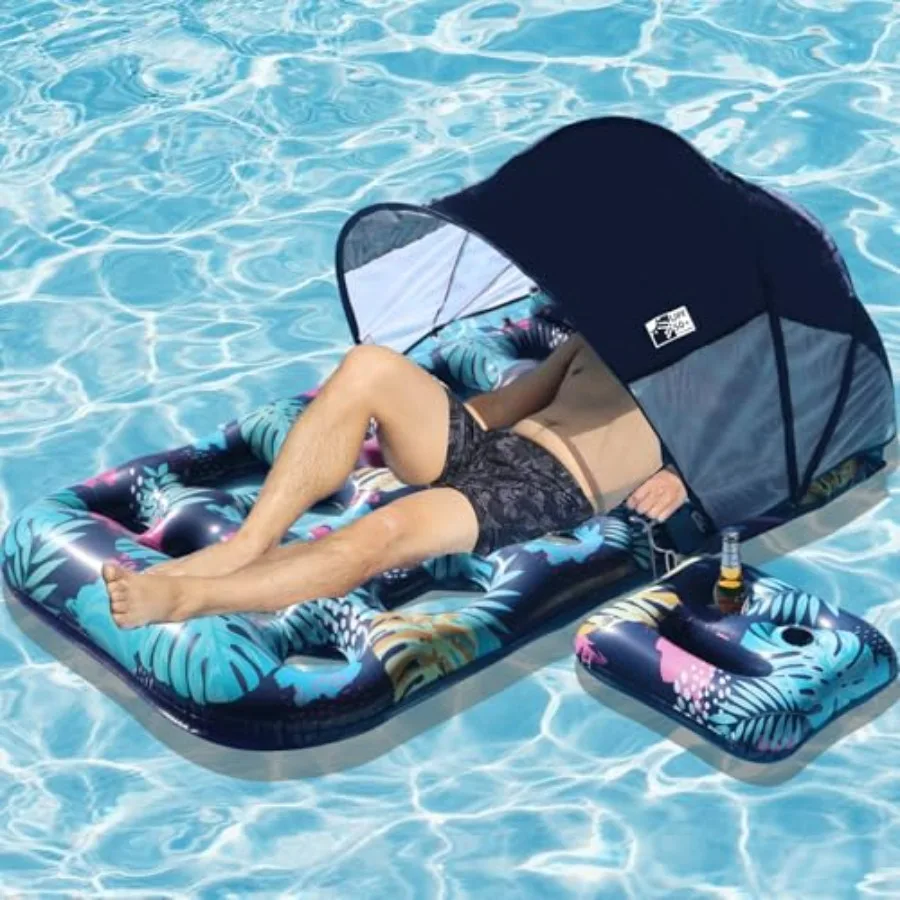 

Inflatable Pool Float for adult use, PVC material, blue, UPF 50+ sunshade canopy and cup holder