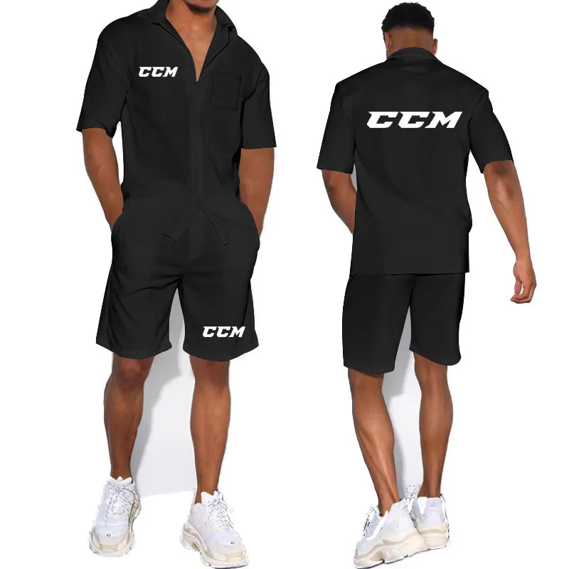 Baru pria T-shirt set fashion kasual sederhana breasted kemeja pria lengan pendek CCM huruf cetak Harajuku musim panas pakaian pria