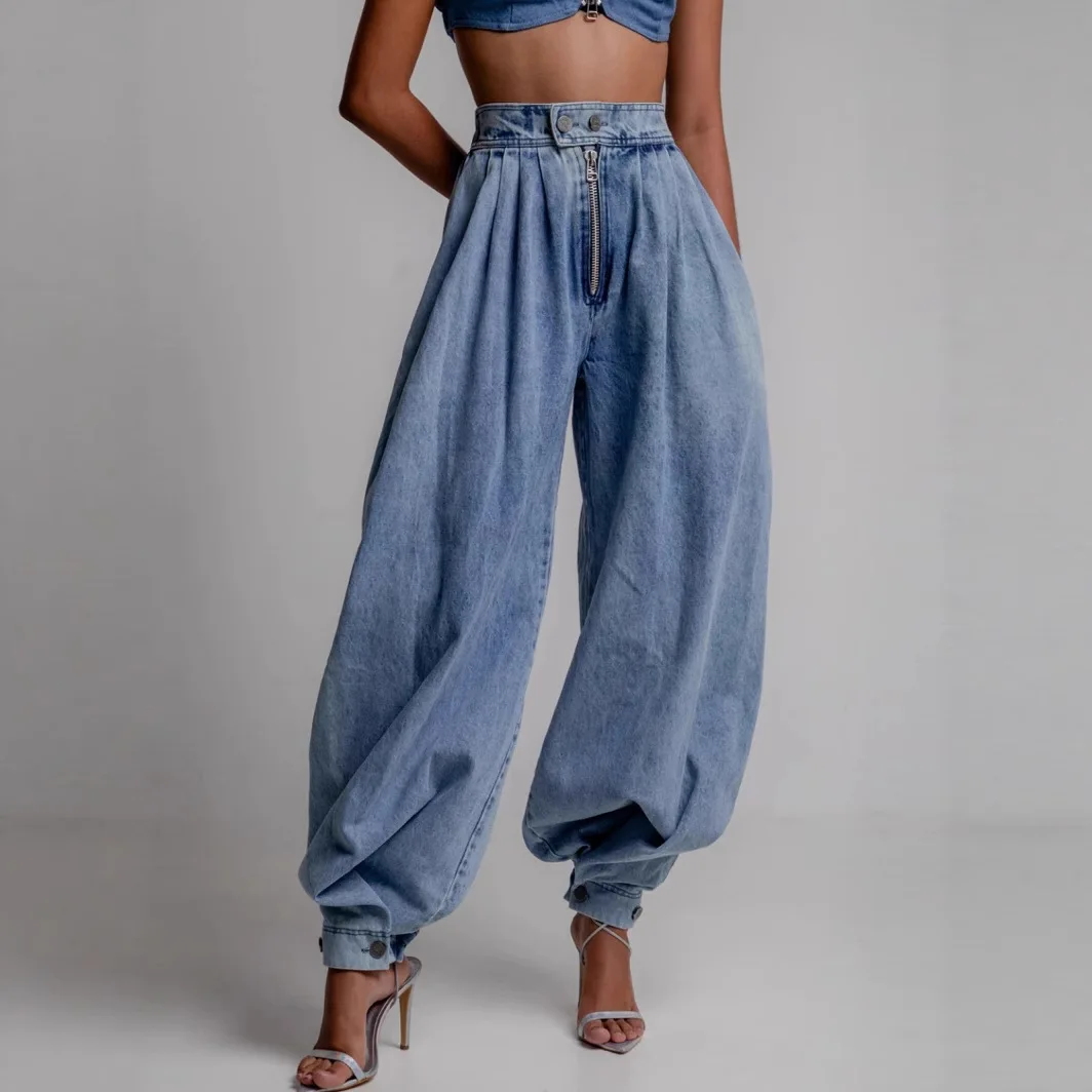 

European and American Women's Clothing New Summer High-waisted Zipper-tied Jeans Loose Casual Retro Pants