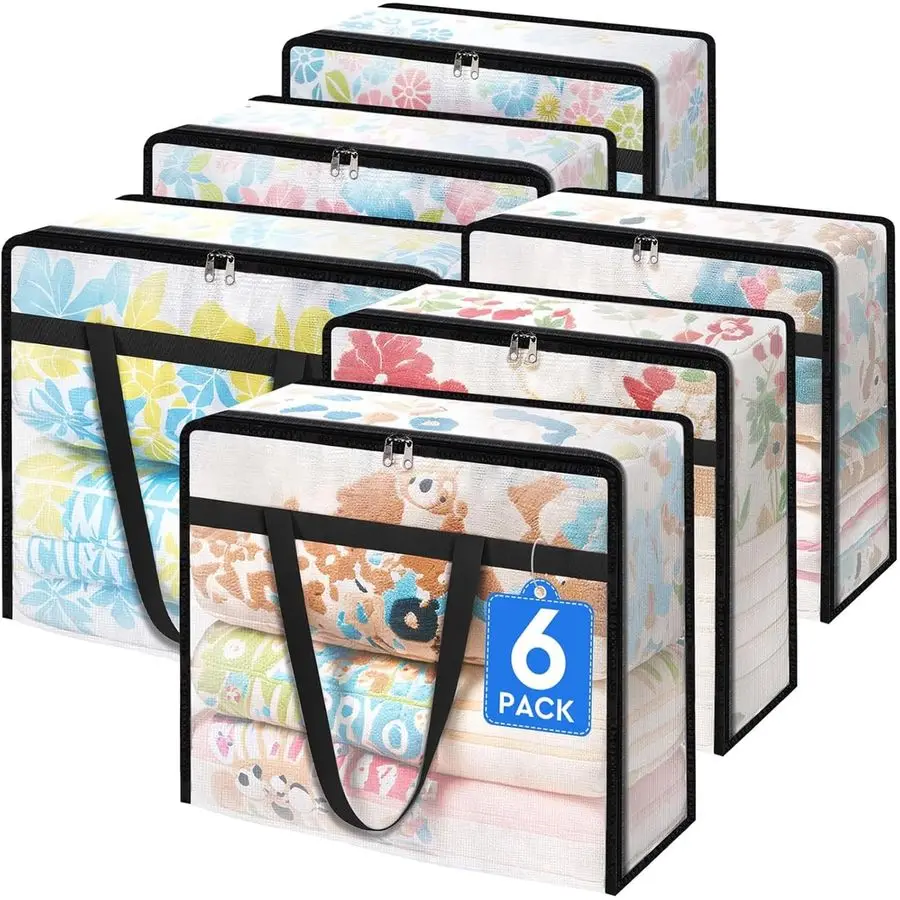 

6 Pack Clear Clothes Storage Bags, Moving Bags, Foldable Blanket Storage Under Bed Storage Containers with Sturdy Zipper and Ha