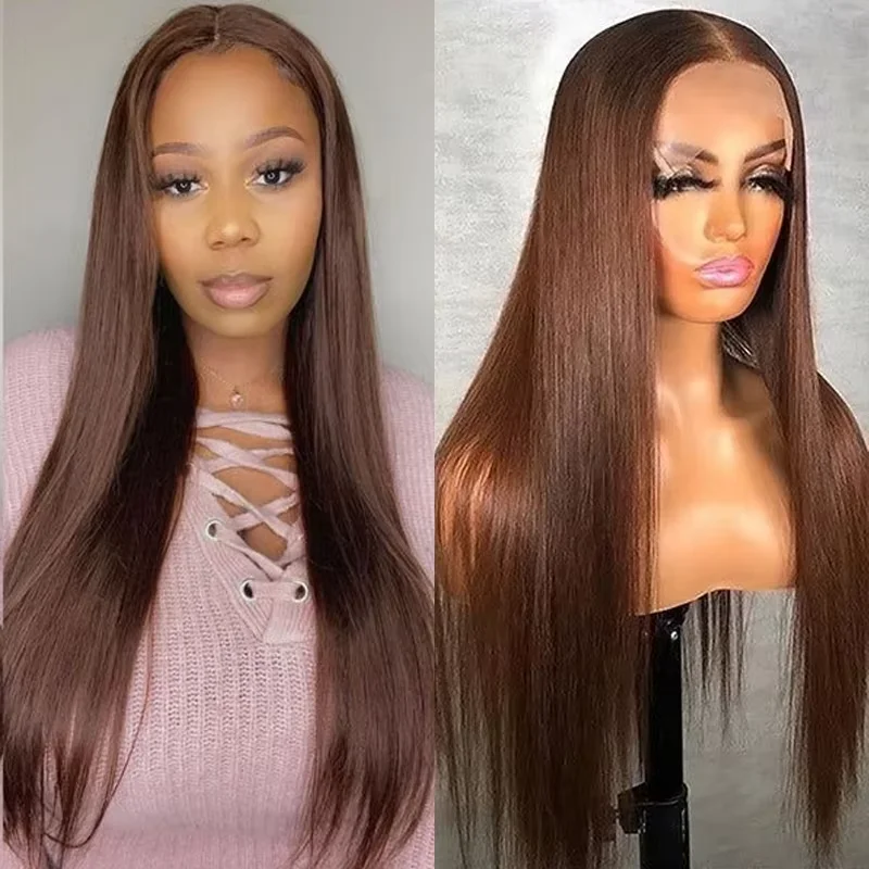 Straight No Shedding Wig Pre Plucked Colored Human Hair Wig 13x4 HD Transparent Lace Chocolate Brown Frontal Lace Wigs For Women