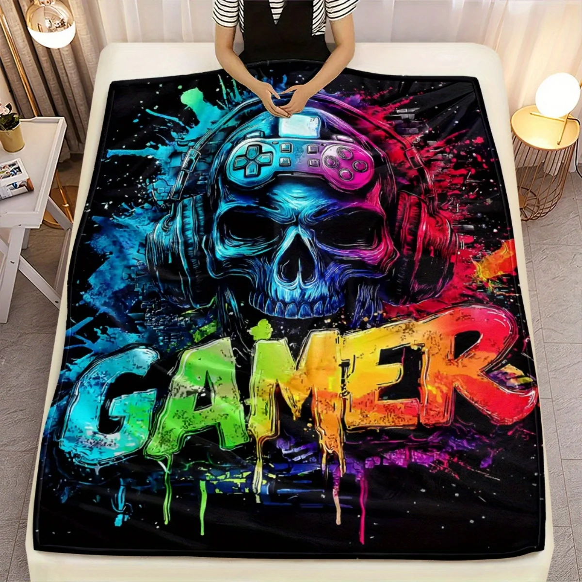 [Soft Blanket] Soft Printed - 1Pc Lightweight Gamer On Dark Blanket For Sofas, Beds, Travel, Camping, Living Rooms, Offices,