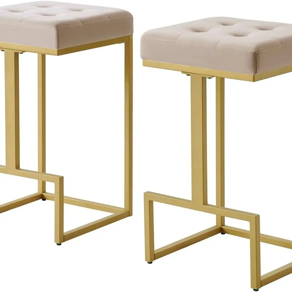 Paar 26 hohe, mit Samt gepolsterte goldene Barhocker für die Kücheninsel, Taupe, Modell 5067