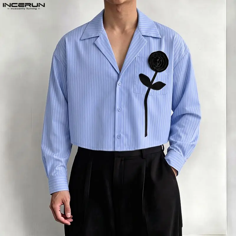 INCERUN Men's Shirt Striped Flower Patchwork Lapel Long Sleeve Men Clothes Streetwear Loose Fashion Casual Crop Tops For Man