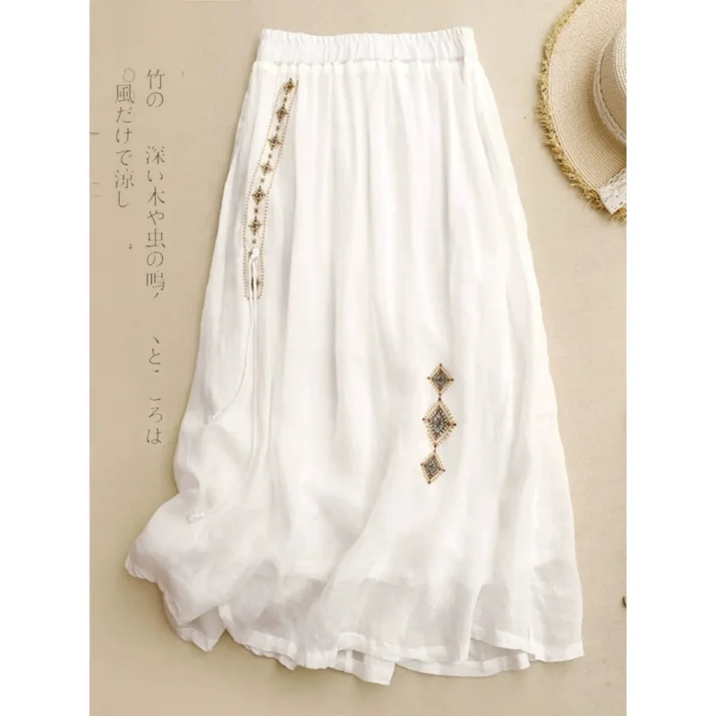 Falda Maxi de Lino Blanco para Mujer, Bordado Étnico, Cintura Elástica, Estilo Casual Boho, Falda de Línea A para Verano