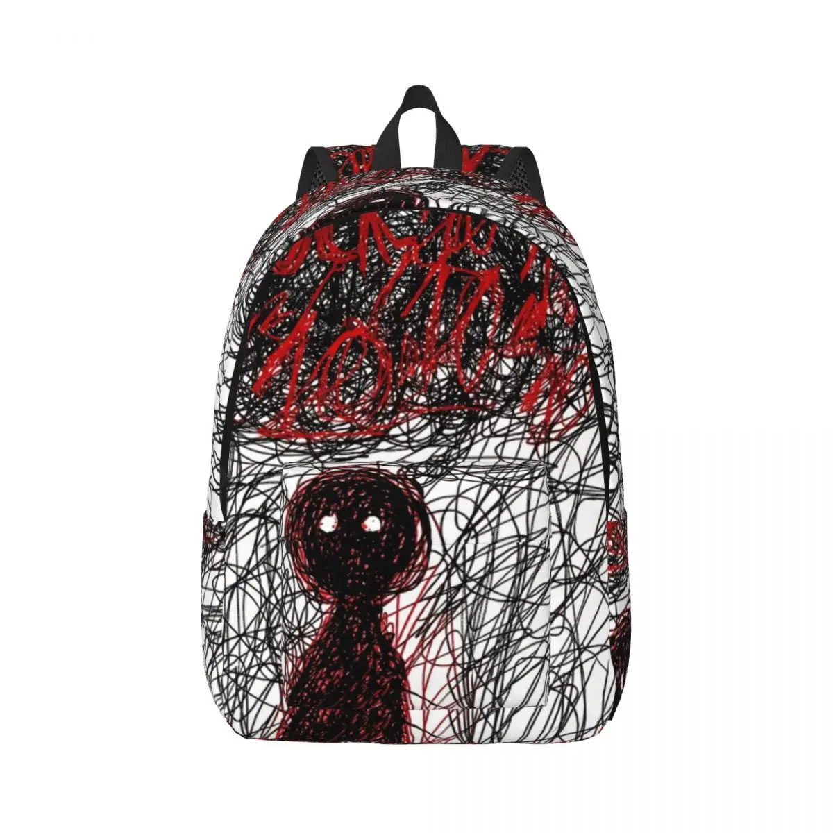 Dark Punk Printed Backpack Allover Scribble Figure Expressive Ink White Black Blood Red Edgy Daypack for School Work Weekend Gym