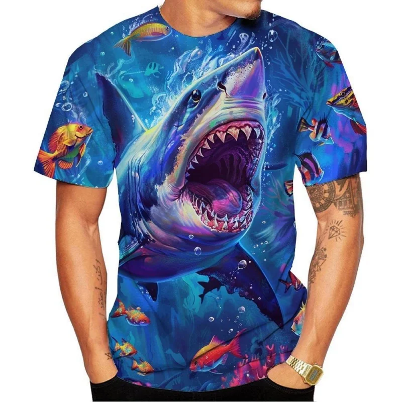 Cool Shark Pattern T-Shirt For Men Marine Animal 3D Printed Tees Summer Casual Short Sleeve O-Neck Loose Street T Shirts Tops