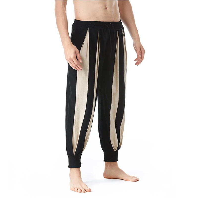 2024 Summer New Men\'s Cotton and Linen Casual Pants Fashion Striped Lantern Pants Retro Gothic Stage Performance Pirate Pants