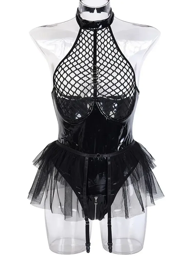 

S-XXL Shiny Faux PU Leather Zipper Open Crotch Bodysuit Mesh Patchwork Transparent Swimsuit Tights Sexy Clubwear Body Teddies