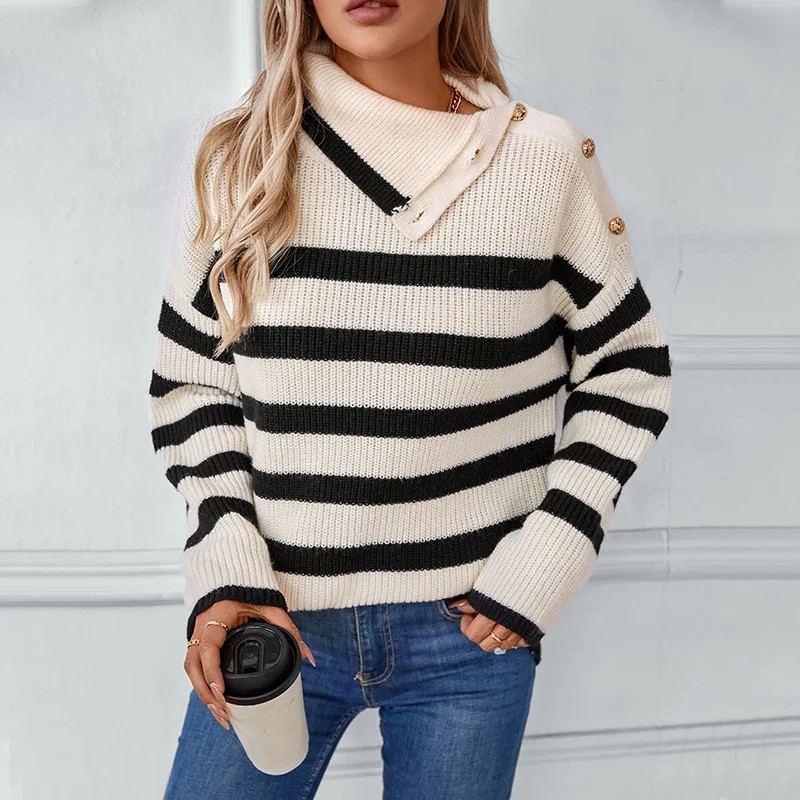 Striped collar pullover women's European and American women's knitted sweater autumn and winter new casual button sweater