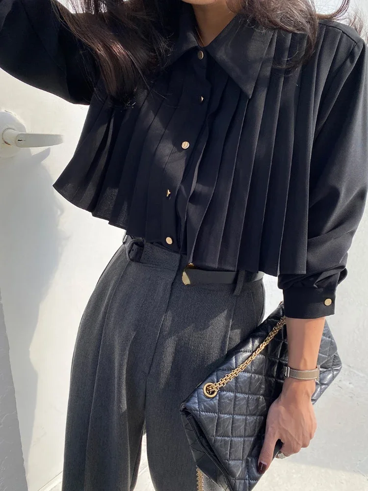 Matakawa Pleated Solid Women Shirts&blouses Retro Korean Fashion Spring Autumn Chic Blusas Mujer Elegant Simple Camisas