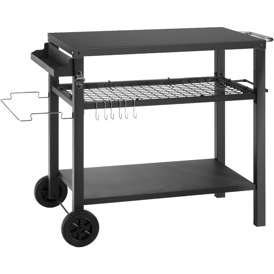 Dining Cart Table with Three Shelf Movable Outdoor BBQ Grill Pizza Oven Stand with Three Hooks Kitchen Cart Island Multifunctio