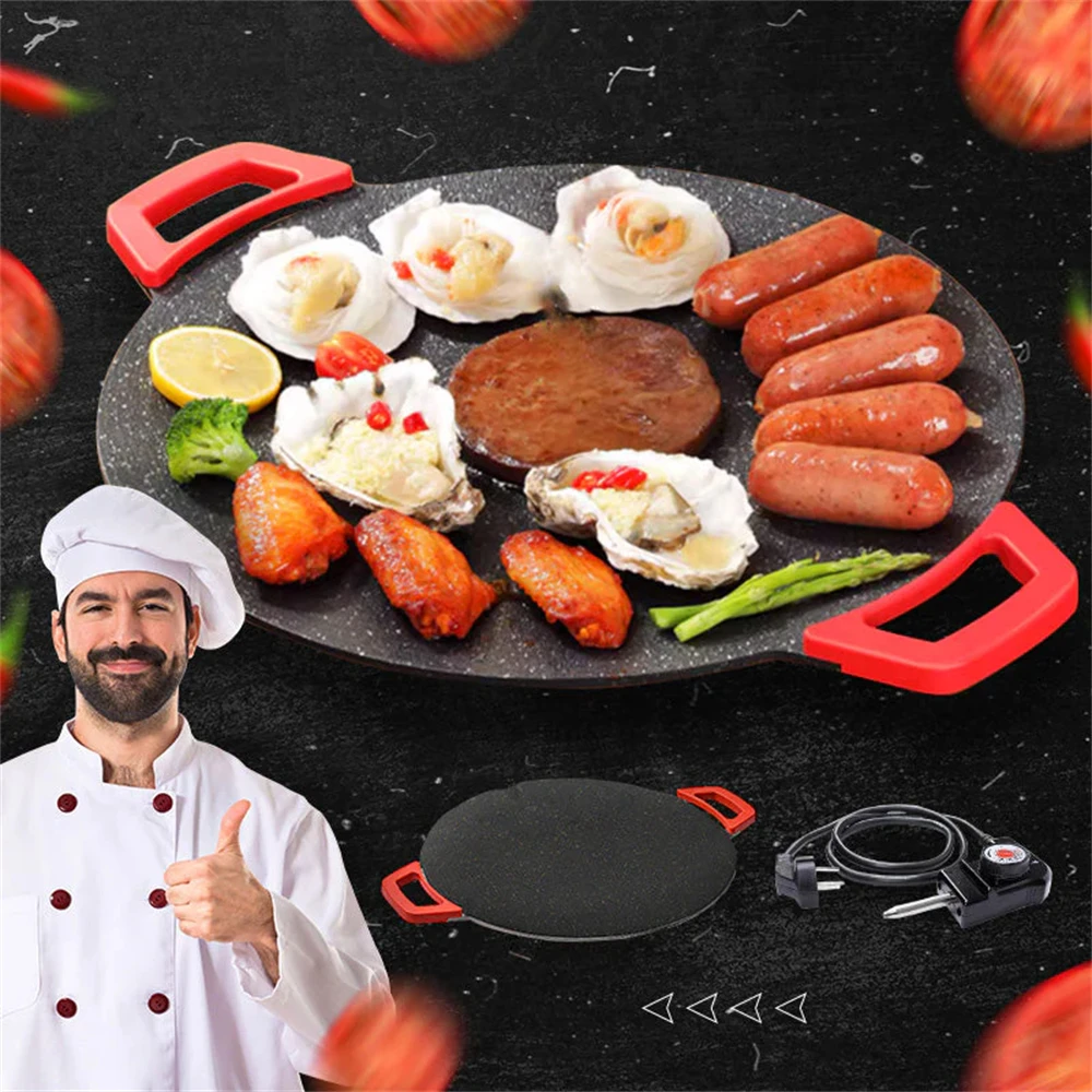 28CM Non-Stick Electric Indoor Grill Pan Household Round BBQ Griddle Plate Korean Grill Pan Smokeless Non-stick Grill 700W