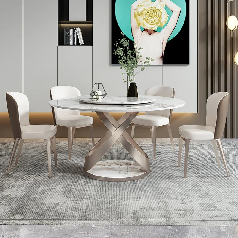 Round Rock Plate Tables Dining Table Rose Gold Brushed Stainless Steel Rotary Sintered Stone Hotel Mesa De Comedor Marble White