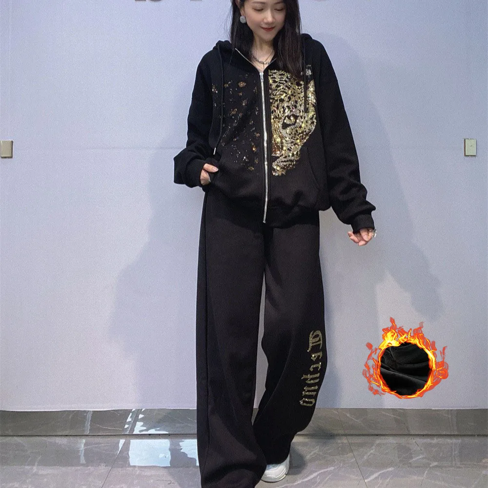 

Oversized Two Piece Sets Womens Outifits Cartoon Leopard Diamonds Winter Thick Zipper Hooded Tops and Pants Knitwear for Women