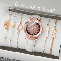 6PCS/Set Fashion Heart Dial Women's Watch Casual Leather Band Analog Quartz Watch Leaf Bracelets Set（Without Box） 5