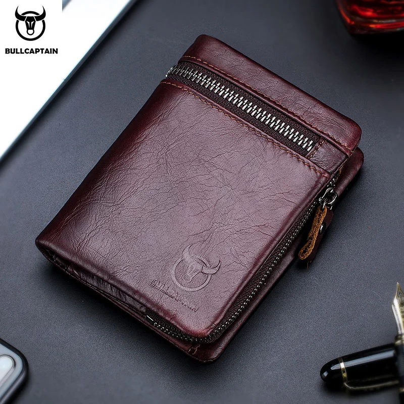 BULLCAPTAIN Short Tri-Fold Buckle Zipper Wallet Men\'s Cow Leather Wallet Coin Purse Money Bag Business Card Holder RFID Holder