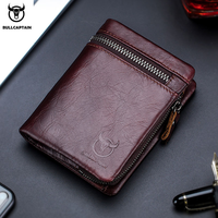 BULLCAPTAIN Short Tri-Fold Buckle Zipper Wallet Men's Cow Leather Wallet Coin Purse Money Bag Business Card Holder RFID Holder