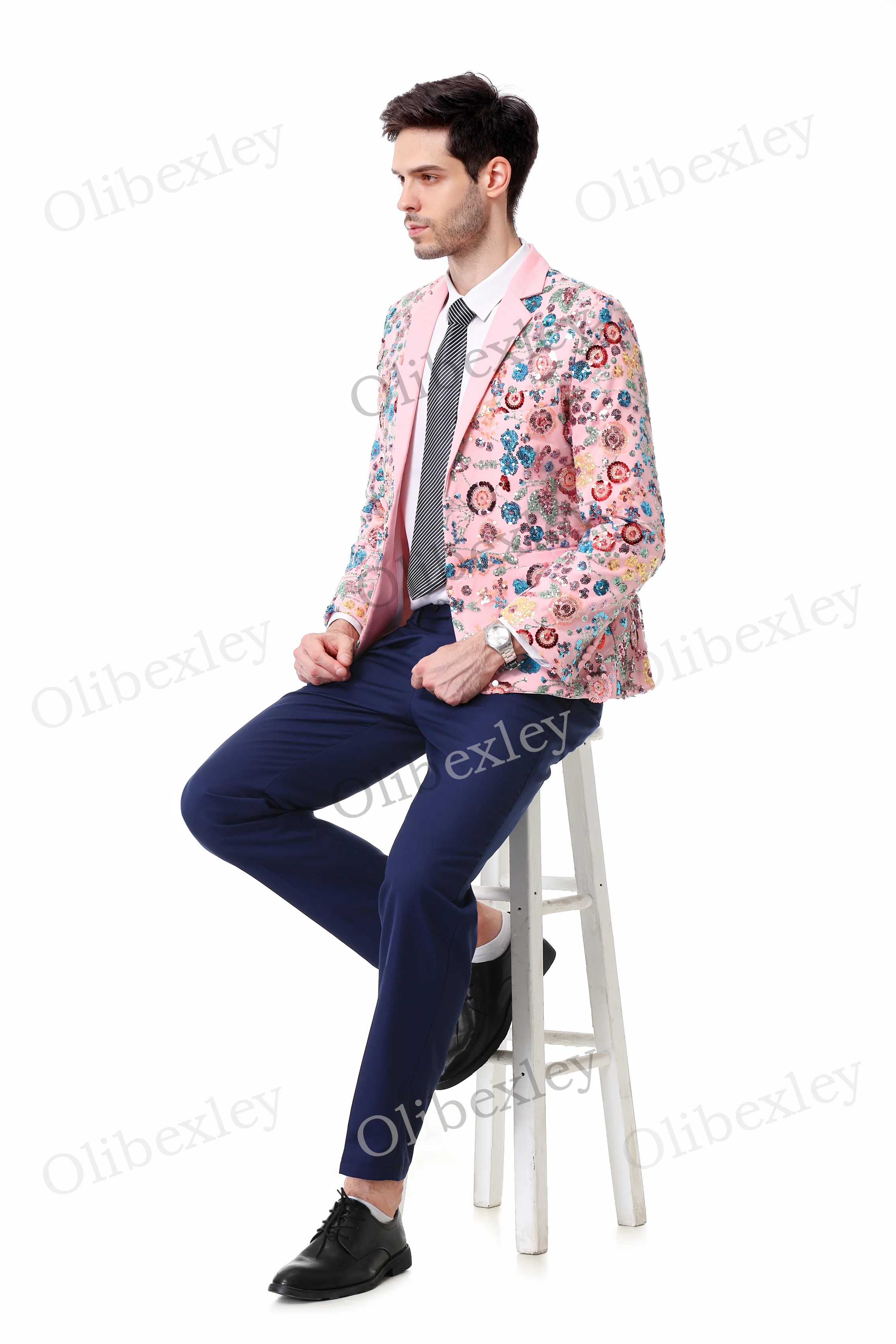 Olibexley Men's 2 piece suit One button Sequined Slim Fit Pink Jacket Suitable Weddings Groom Business Dinner Partys