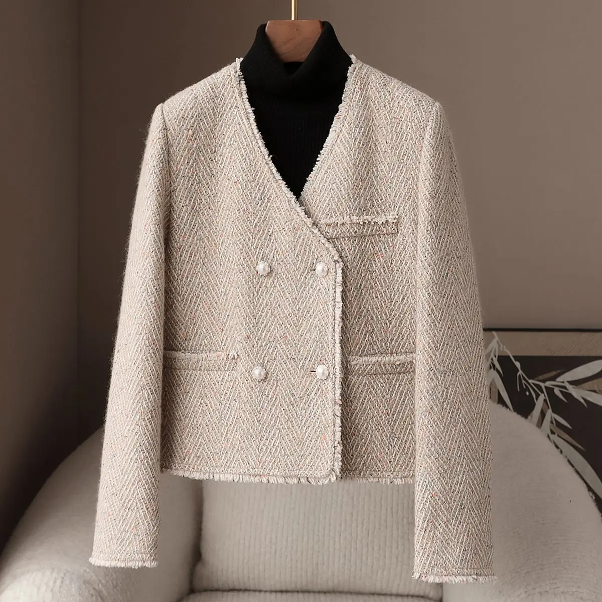 Spring New V-Neck Small Fragrant Style Jacket French Loose High-End Short Top Coat